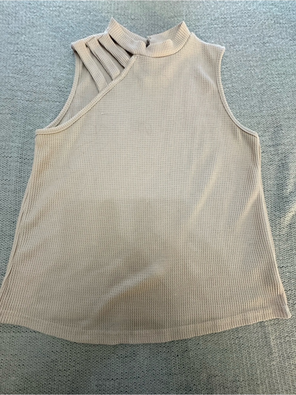 Mock Neck Asymmetric Strap Ribbed Tank Top - Cream